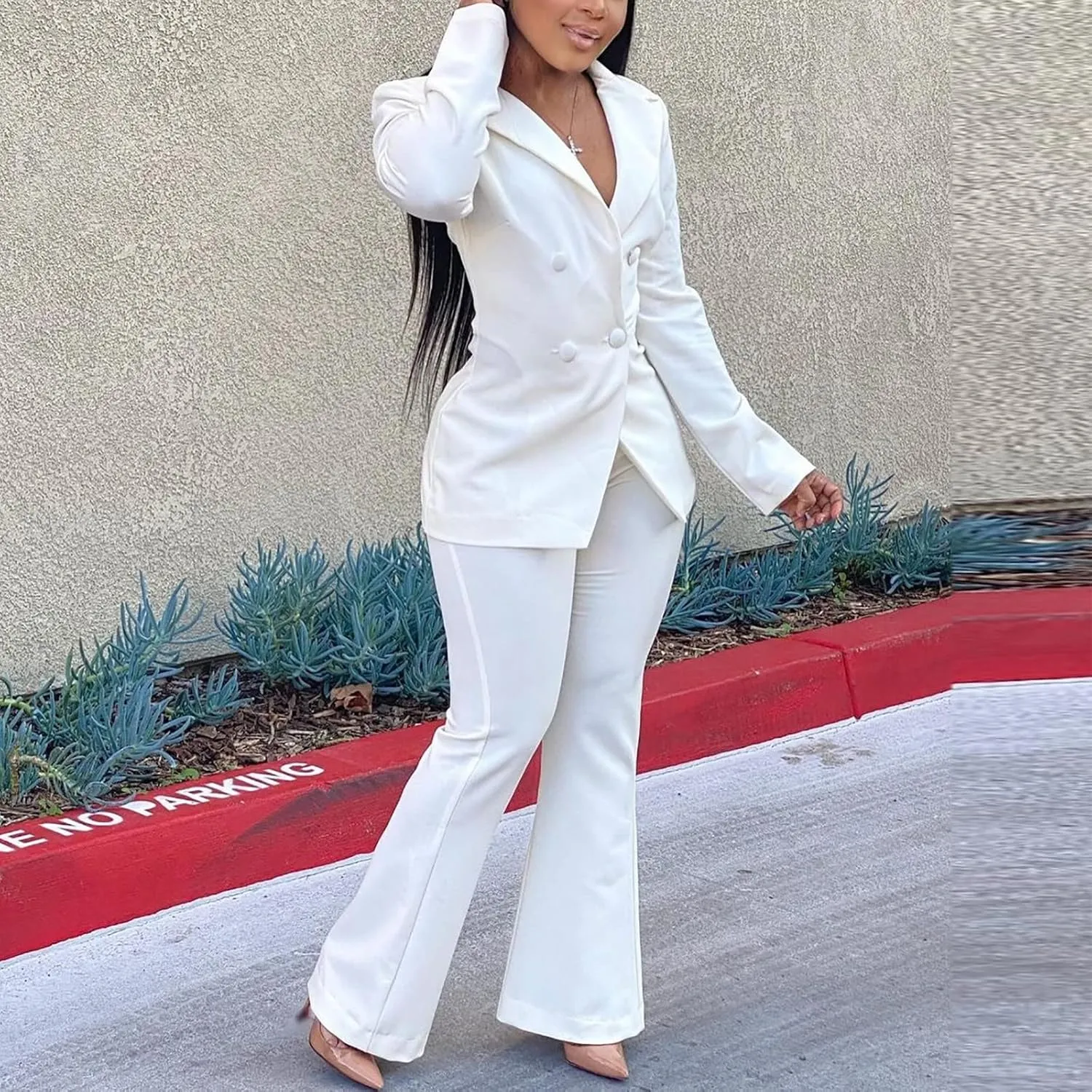 2 Piece Pant Suits for Women Double Breasted Blazer and High Waisted Straight Leg Pants Dressy Casual Outfits