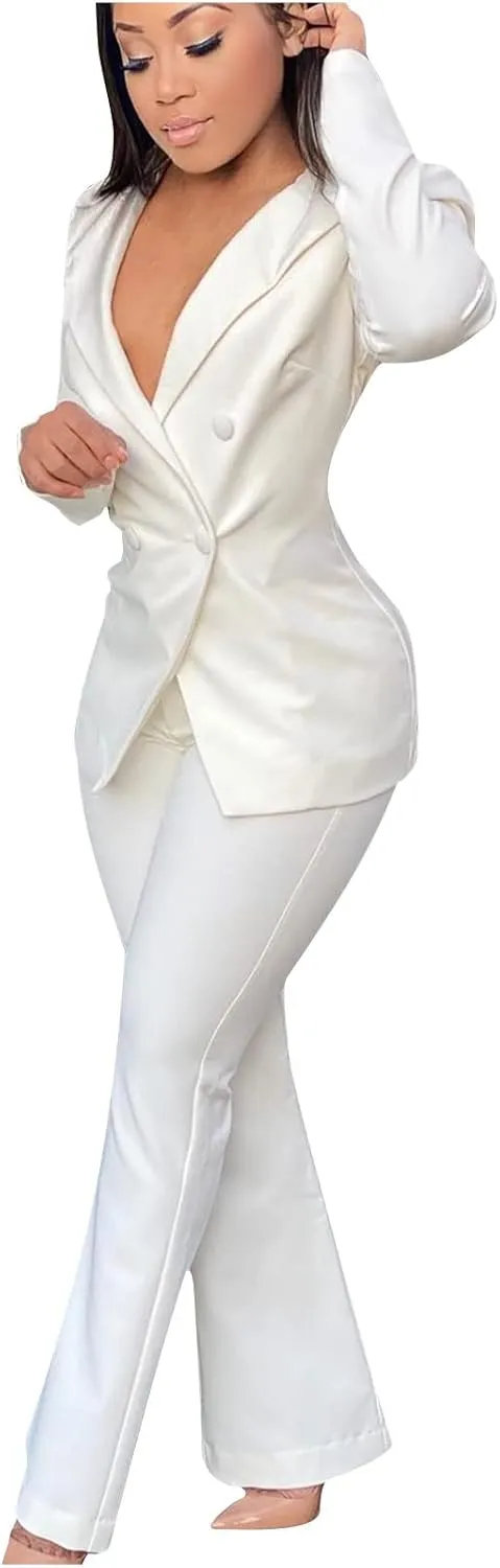 2 Piece Pant Suits for Women Double Breasted Blazer and High Waisted Straight Leg Pants Dressy Casual Outfits