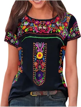 2024 Summer Short Sleeve Mexican Shirts for Women Floral Embroidered Print Blouse Ethnic Style Boho Tops T-Shirts
