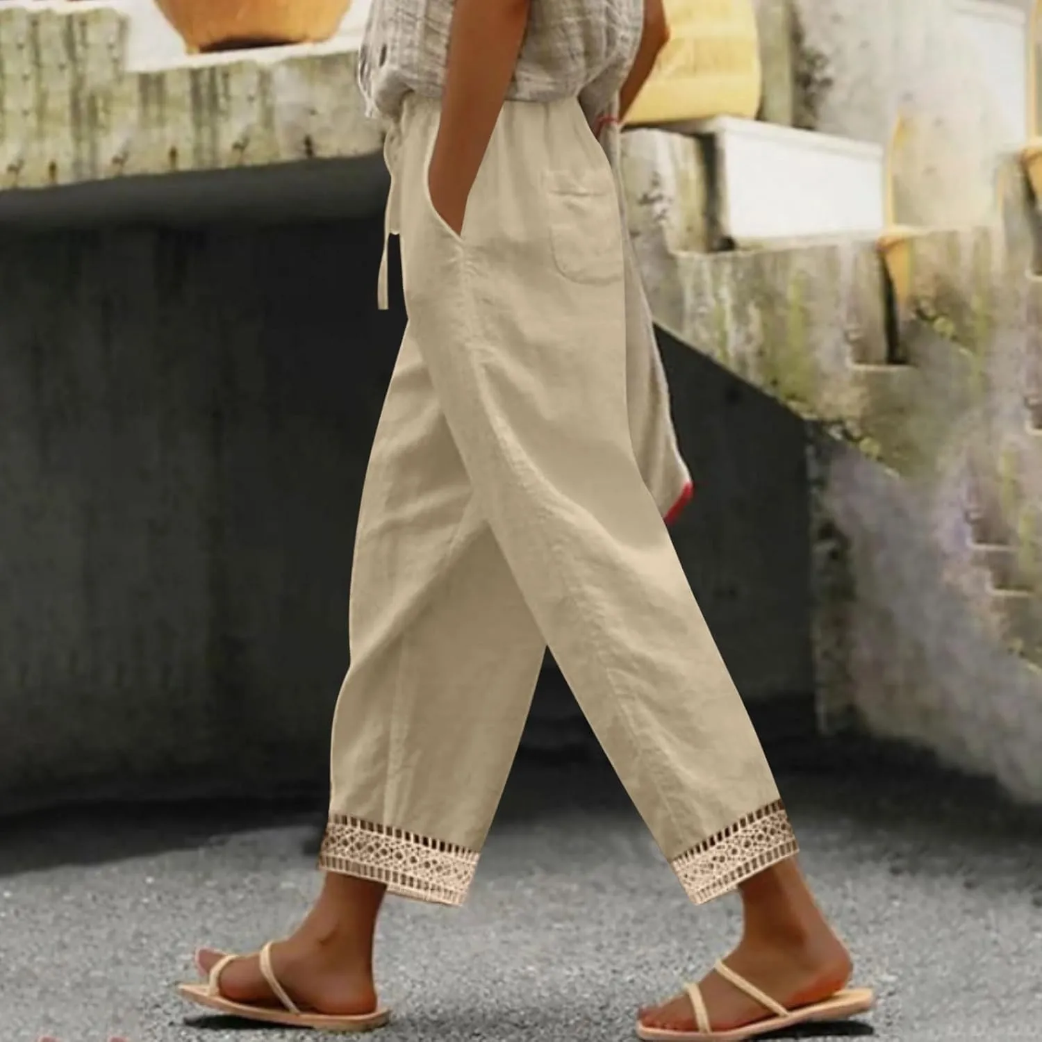 2025 Womens lace Capri Linen Pants, Casual Summer Drawstring Elastic High Waist Pant Straight Cropped Trouser