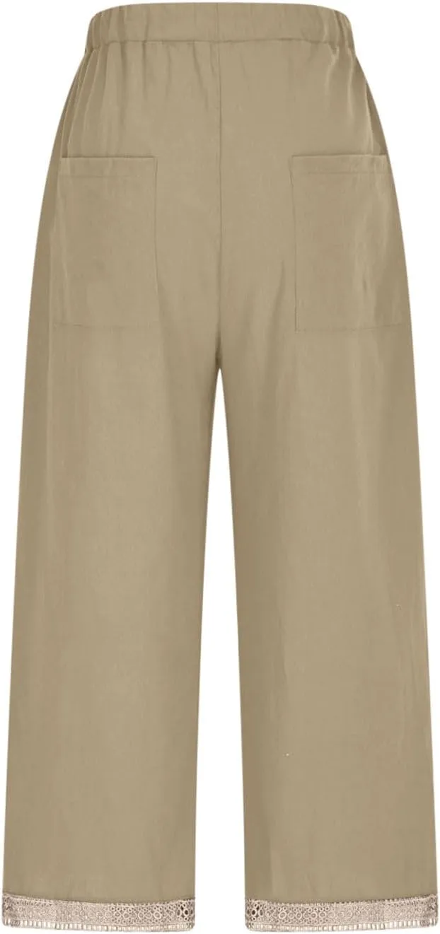 2025 Womens lace Capri Linen Pants, Casual Summer Drawstring Elastic High Waist Pant Straight Cropped Trouser