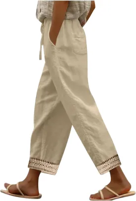 2025 Womens lace Capri Linen Pants, Casual Summer Drawstring Elastic High Waist Pant Straight Cropped Trouser