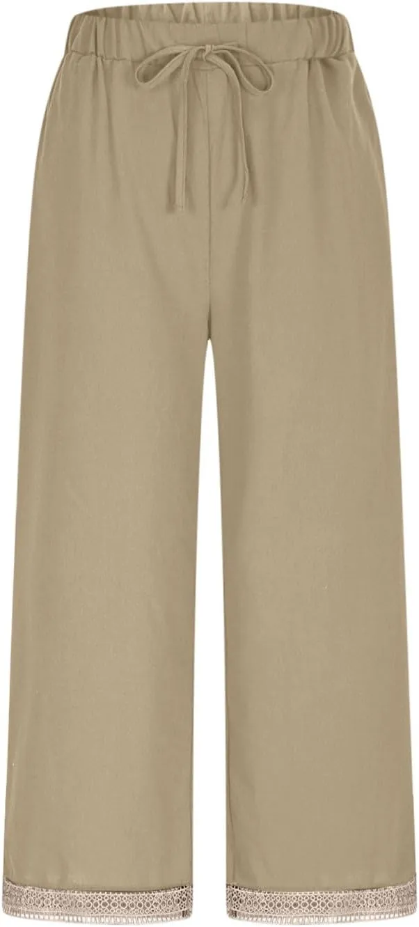 2025 Womens lace Capri Linen Pants, Casual Summer Drawstring Elastic High Waist Pant Straight Cropped Trouser