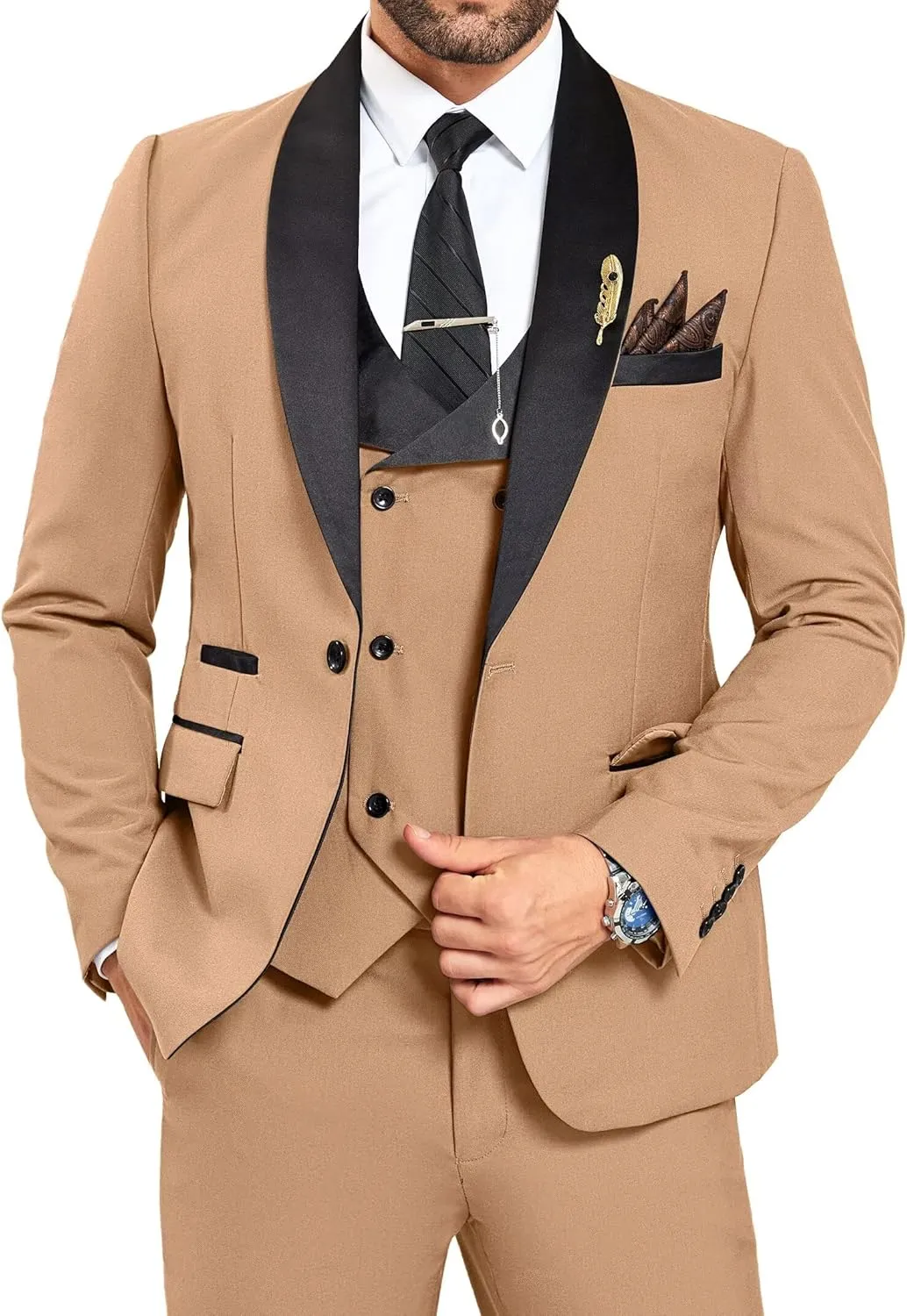 3 Piece Mens Tuxedo Suit Set Slim Fit Men Wedding Prom Party Suits Blazer Pants Shawl Collar Dinner Double Breasted Suit Set