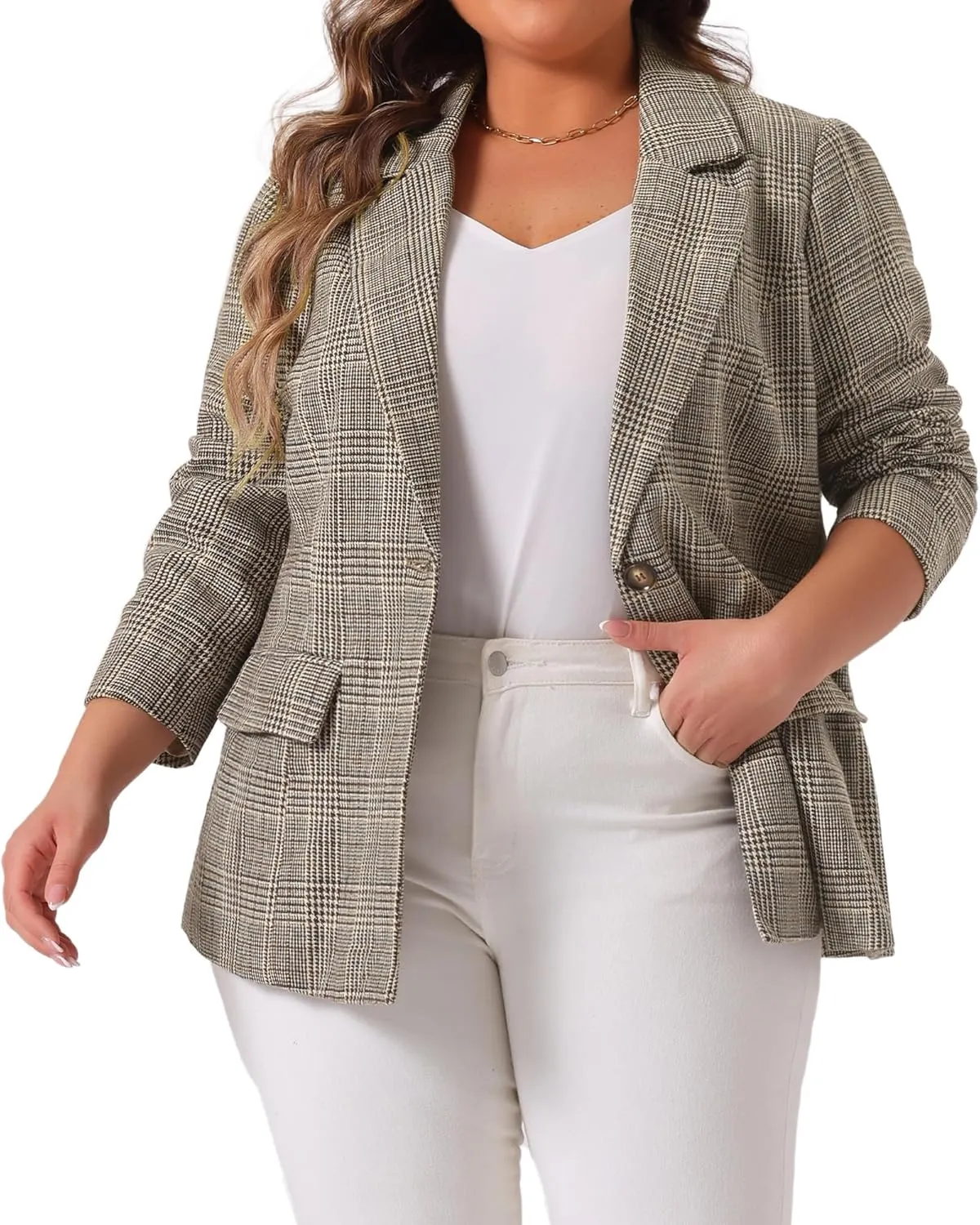 Agnes Orinda Blazers for Women Plus Size Plaid Notched Lapel Long Sleeve Business Casual Blazer Jackets