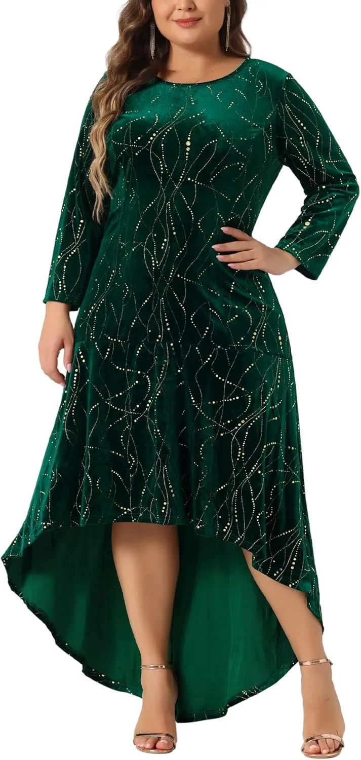 Agnes Orinda Plus Size Dresses for Women 3/4 Sleeves Mermaid High Low Hem Maxi Velvet Formal Dress