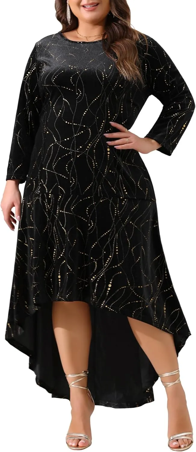 Agnes Orinda Plus Size Dresses for Women 3/4 Sleeves Mermaid High Low Hem Maxi Velvet Formal Dress