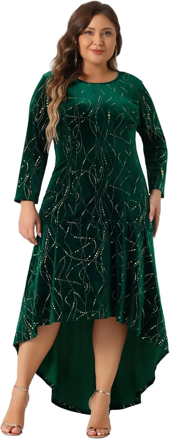Agnes Orinda Plus Size Dresses for Women 3/4 Sleeves Mermaid High Low Hem Maxi Velvet Formal Dress
