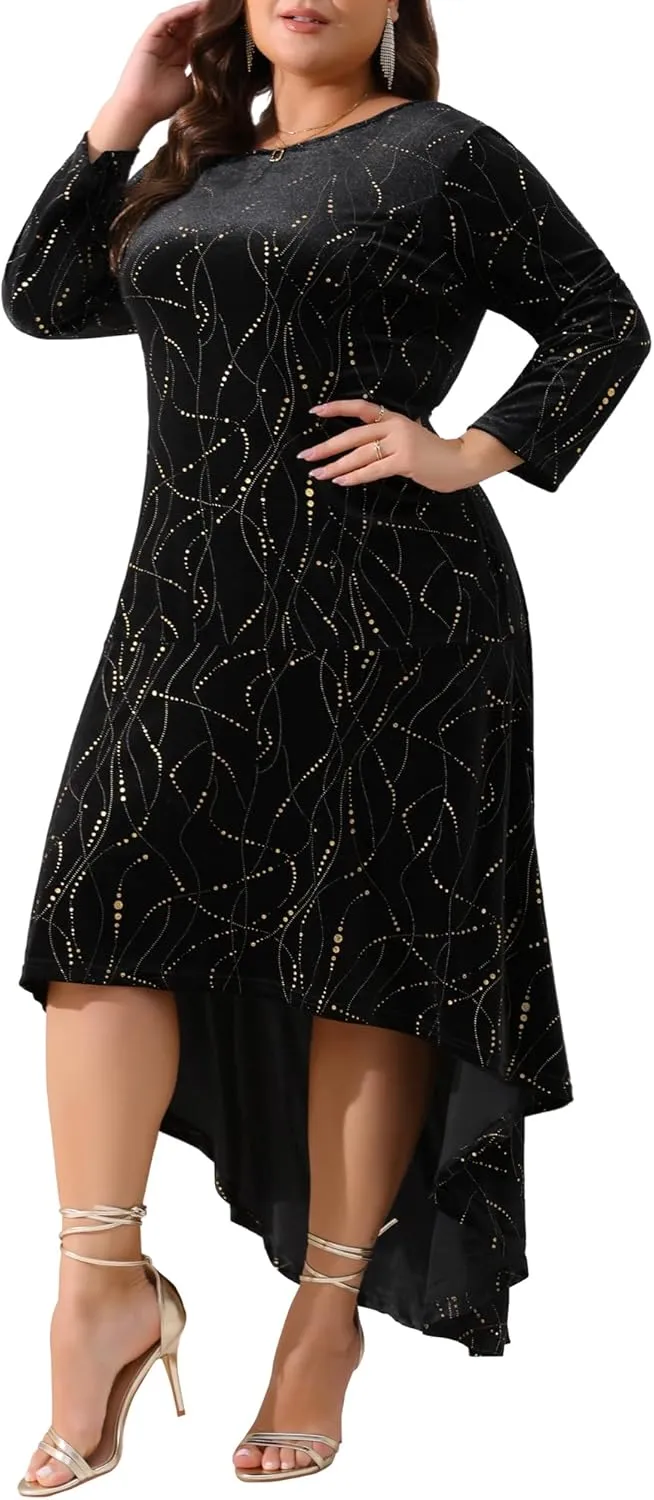 Agnes Orinda Plus Size Dresses for Women 3/4 Sleeves Mermaid High Low Hem Maxi Velvet Formal Dress