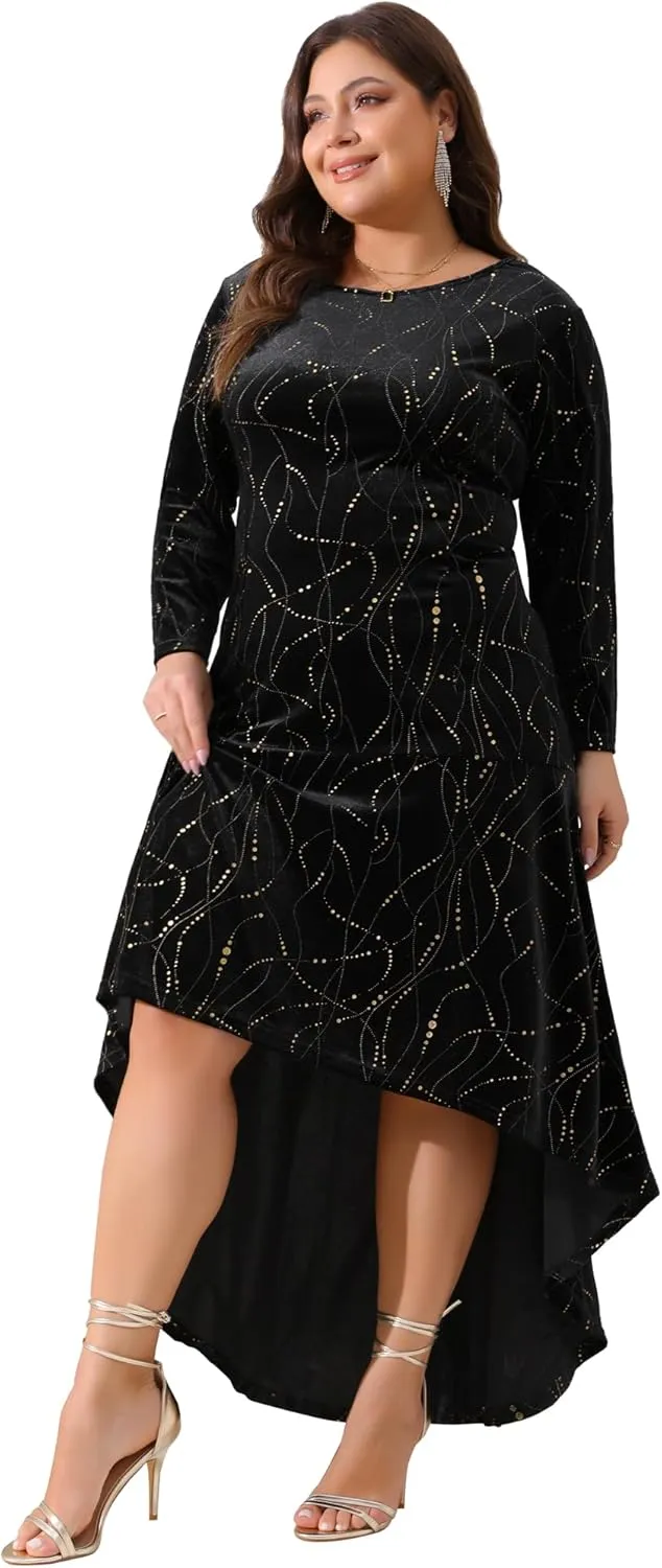Agnes Orinda Plus Size Dresses for Women 3/4 Sleeves Mermaid High Low Hem Maxi Velvet Formal Dress