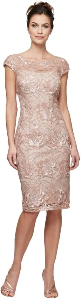Alex Evenings Women's Short Floral Embroidered Cocktail Sheath Dress, Wedding Guest, Formal Gown (Petite and Regular Sizes)