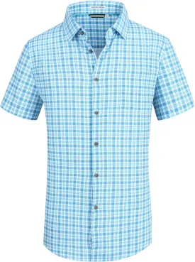 Alex Vando Mens Button Down Shirts Wrinkle Free 4-Way Stretch Short Sleeve Business Casual Shirt