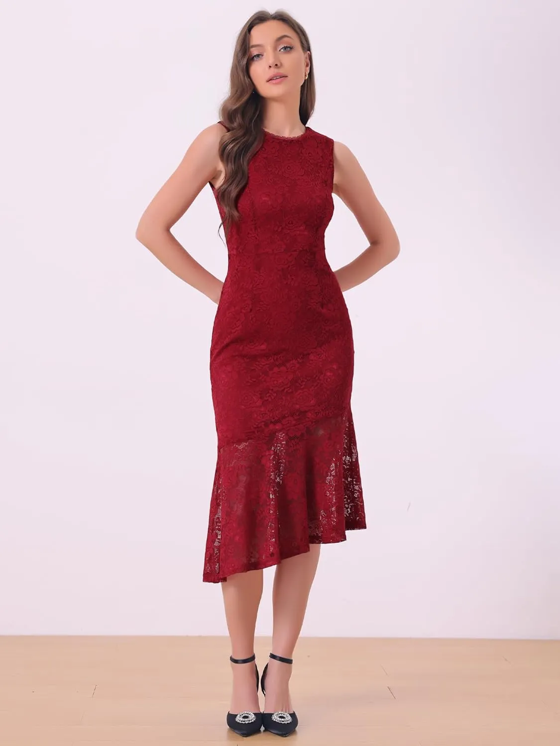 Allegra K Lace Dress for Women's Asymmetric Mermaid Sleeveless Bodycon Evening Cocktail Dresses