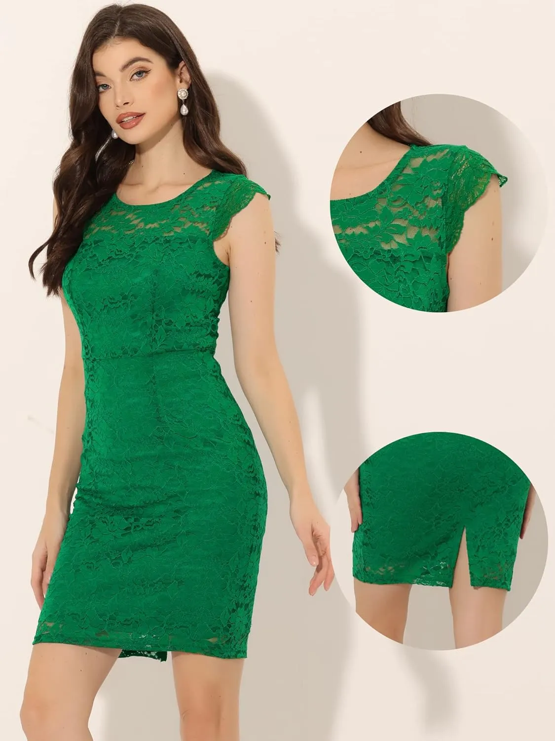 Allegra K Lace Dress for Women's Cap Sleeve Allover Floral Formal Stretch Knit Bodycon Dress