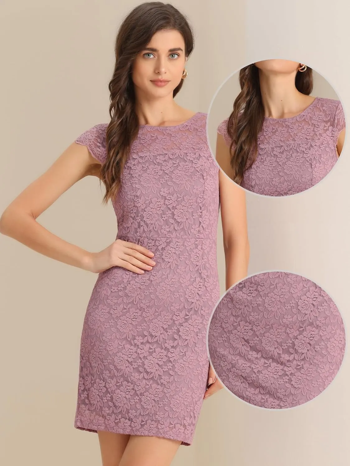 Allegra K Lace Dress for Women's Cap Sleeve Allover Floral Formal Stretch Knit Bodycon Dress