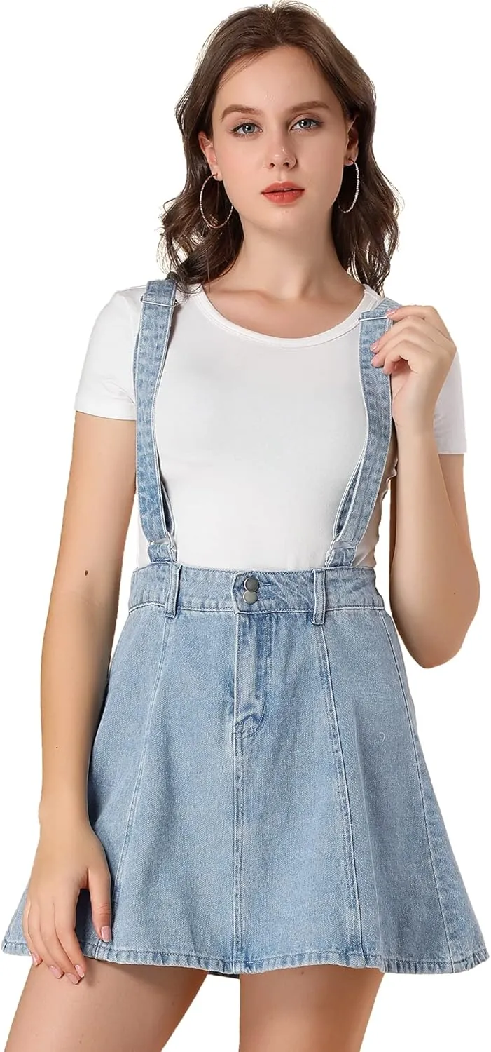 Allegra K Women's Denim Skirt Overall Adjustable Strap Braces Mini Suspender Washed Jean Skirts