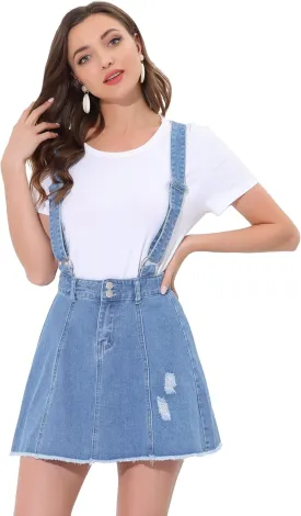 Allegra K Women's Denim Skirt Overall Adjustable Strap Braces Mini Suspender Washed Jean Skirts