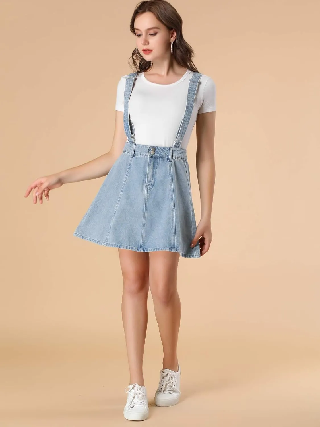 Allegra K Women's Denim Skirt Overall Adjustable Strap Braces Mini Suspender Washed Jean Skirts