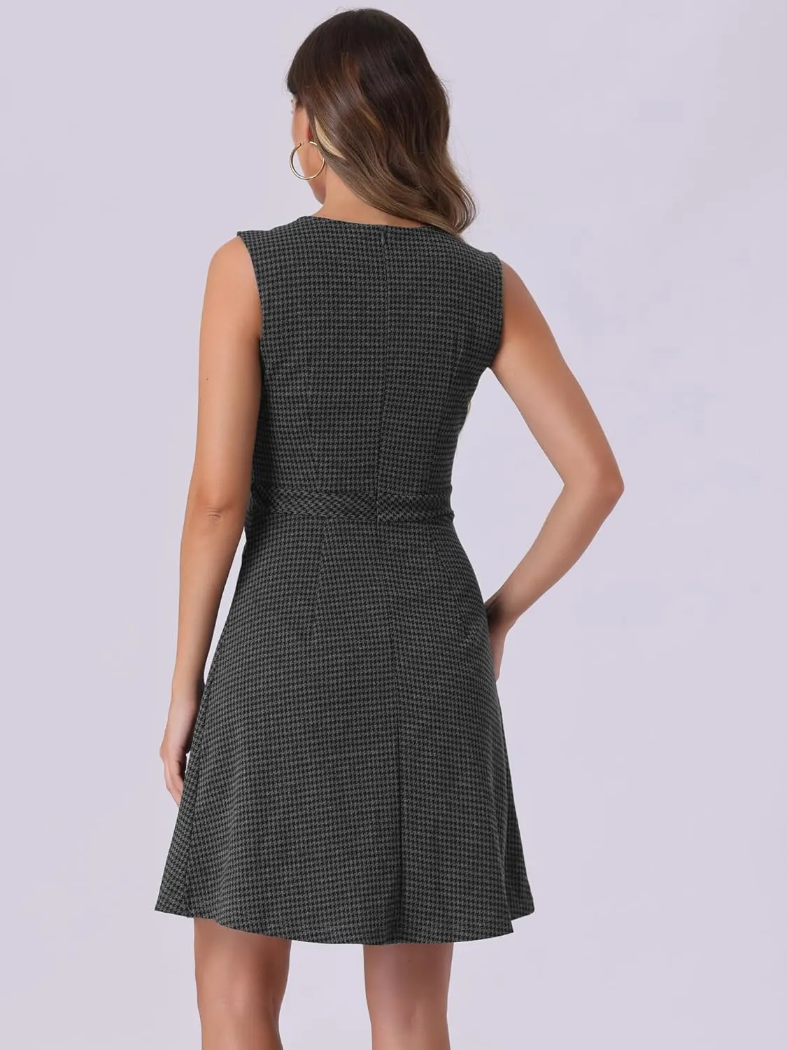 Allegra K Women's Plaid Dress Sleeveless Fit and Flare Houndstooth Work Dresses