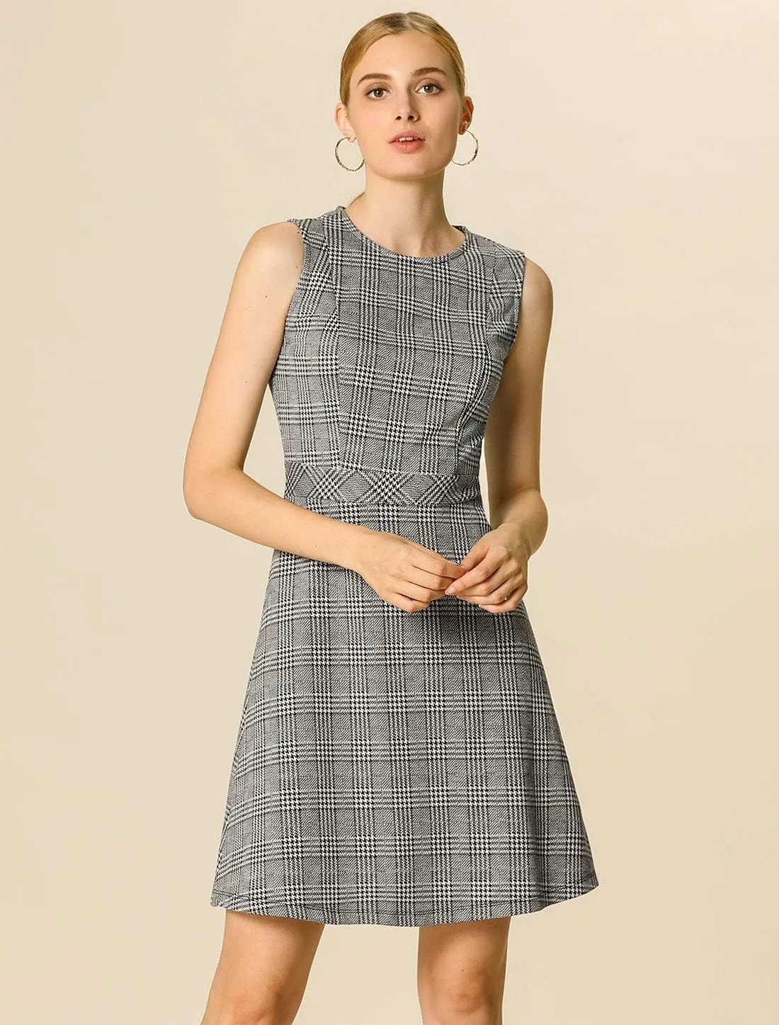 Allegra K Women's Plaid Dress Sleeveless Fit and Flare Houndstooth Work Dresses