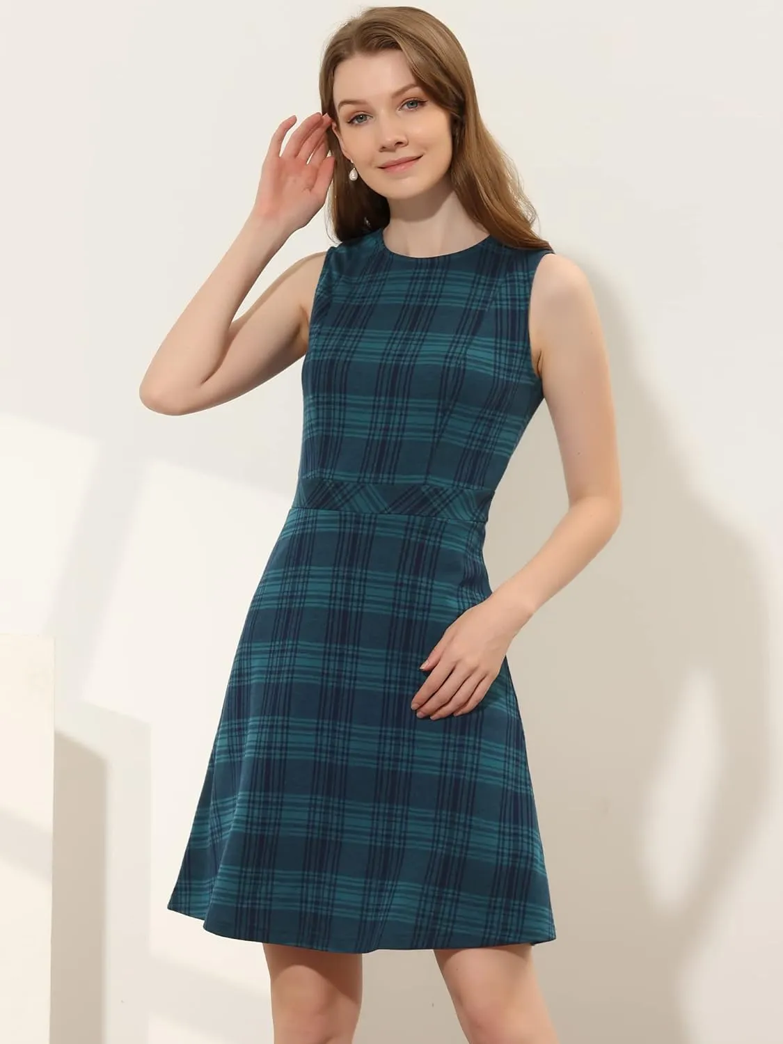 Allegra K Women's Plaid Dress Sleeveless Fit and Flare Houndstooth Work Dresses