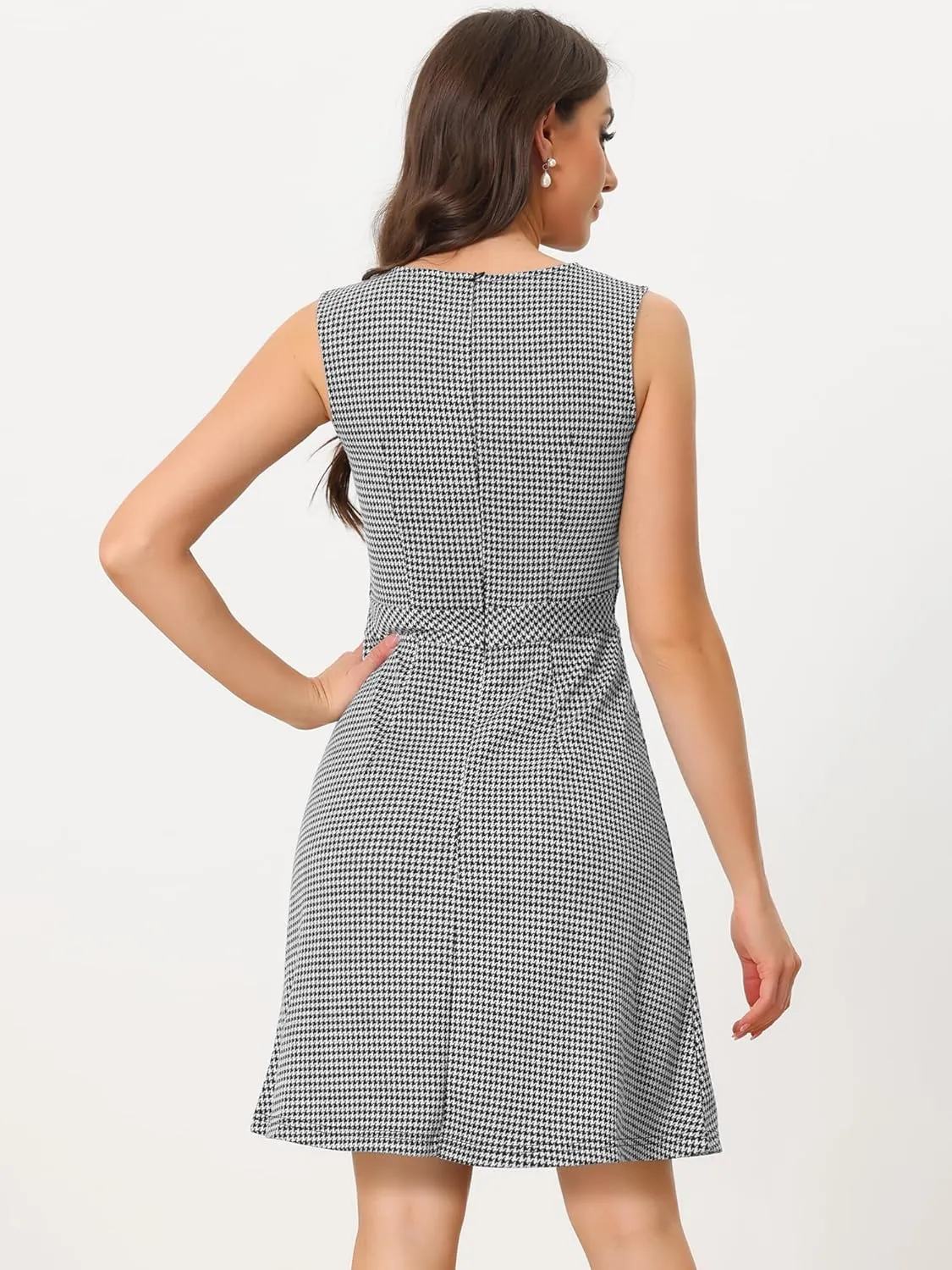 Allegra K Women's Plaid Dress Sleeveless Fit and Flare Houndstooth Work Dresses