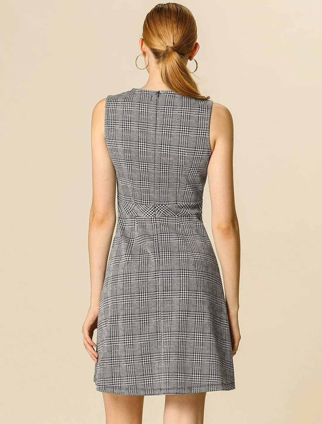 Allegra K Women's Plaid Dress Sleeveless Fit and Flare Houndstooth Work Dresses
