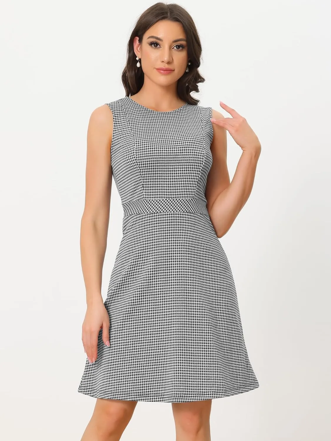 Allegra K Women's Plaid Dress Sleeveless Fit and Flare Houndstooth Work Dresses