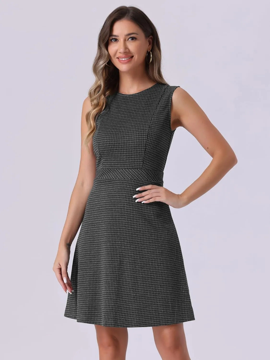 Allegra K Women's Plaid Dress Sleeveless Fit and Flare Houndstooth Work Dresses