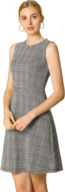 Allegra K Women's Plaid Dress Sleeveless Fit and Flare Houndstooth Work Dresses