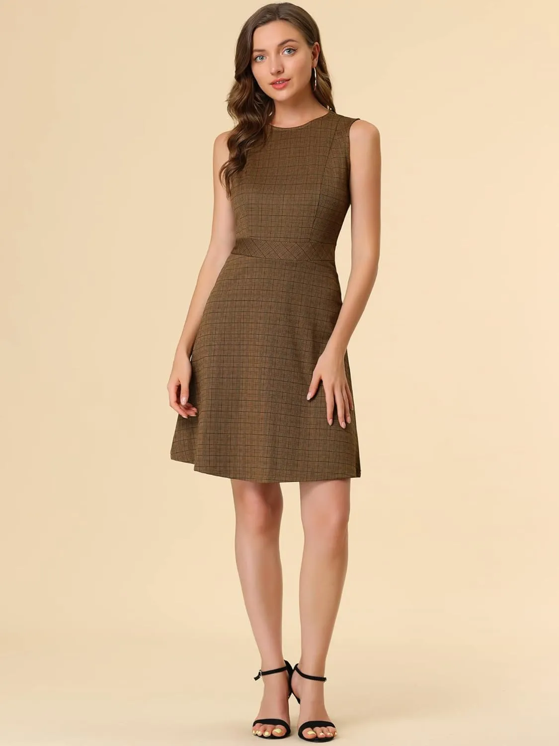 Allegra K Women's Plaid Dress Sleeveless Fit and Flare Houndstooth Work Dresses
