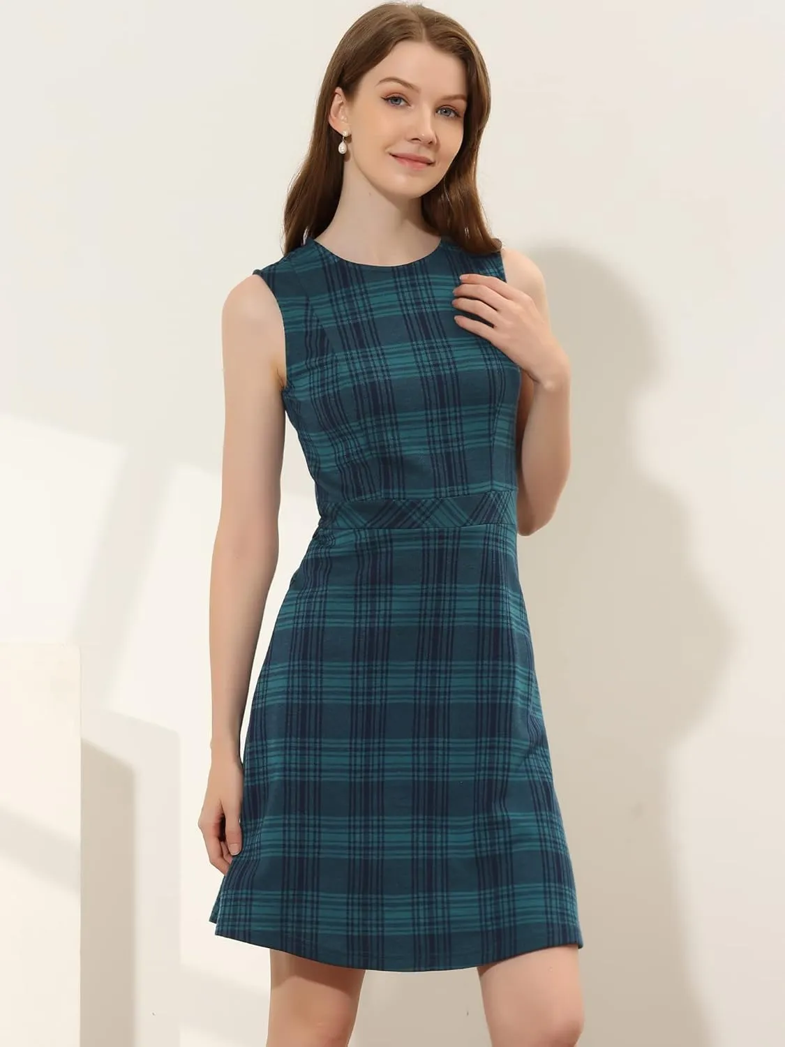 Allegra K Women's Plaid Dress Sleeveless Fit and Flare Houndstooth Work Dresses
