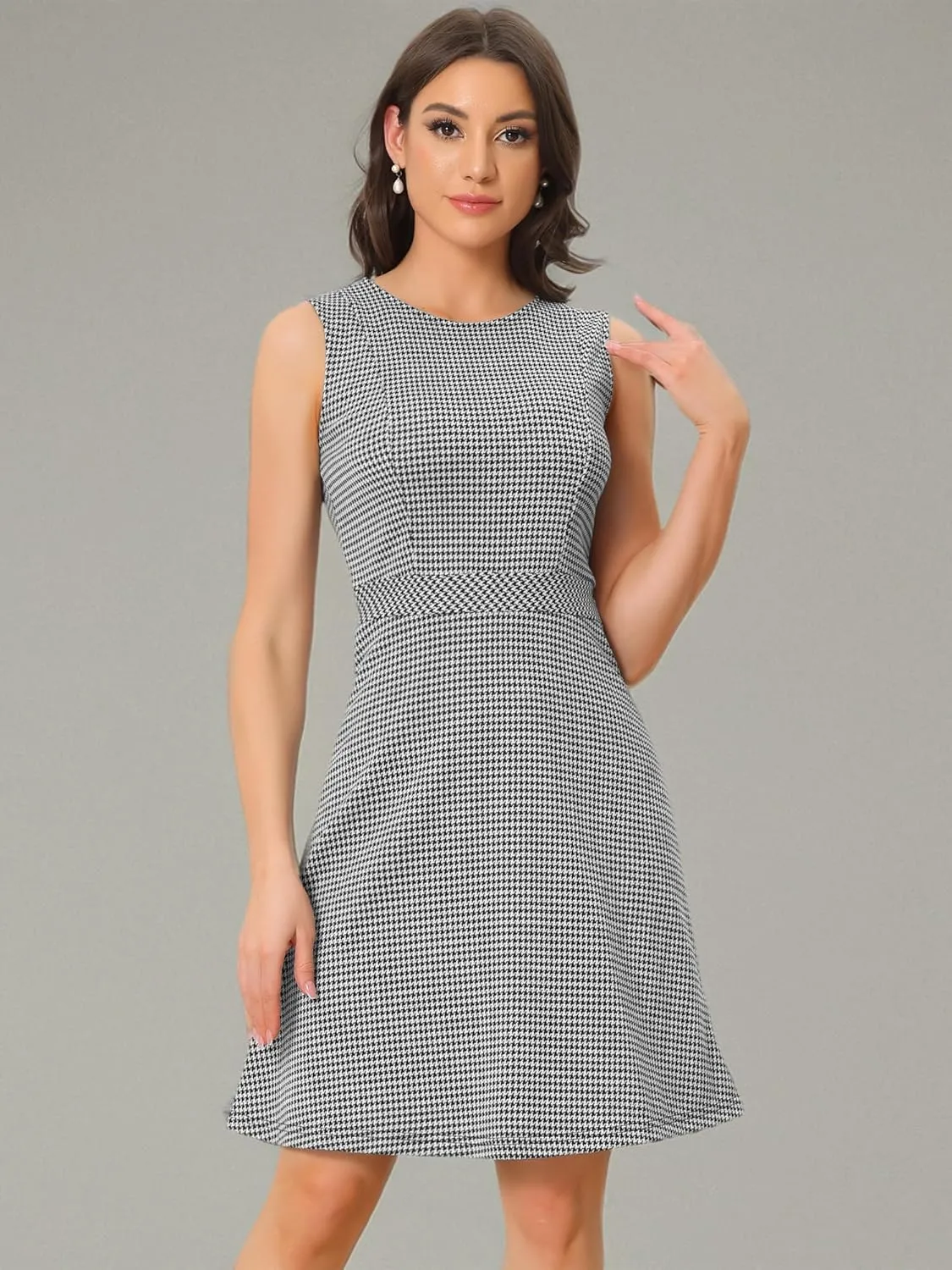 Allegra K Women's Plaid Dress Sleeveless Fit and Flare Houndstooth Work Dresses