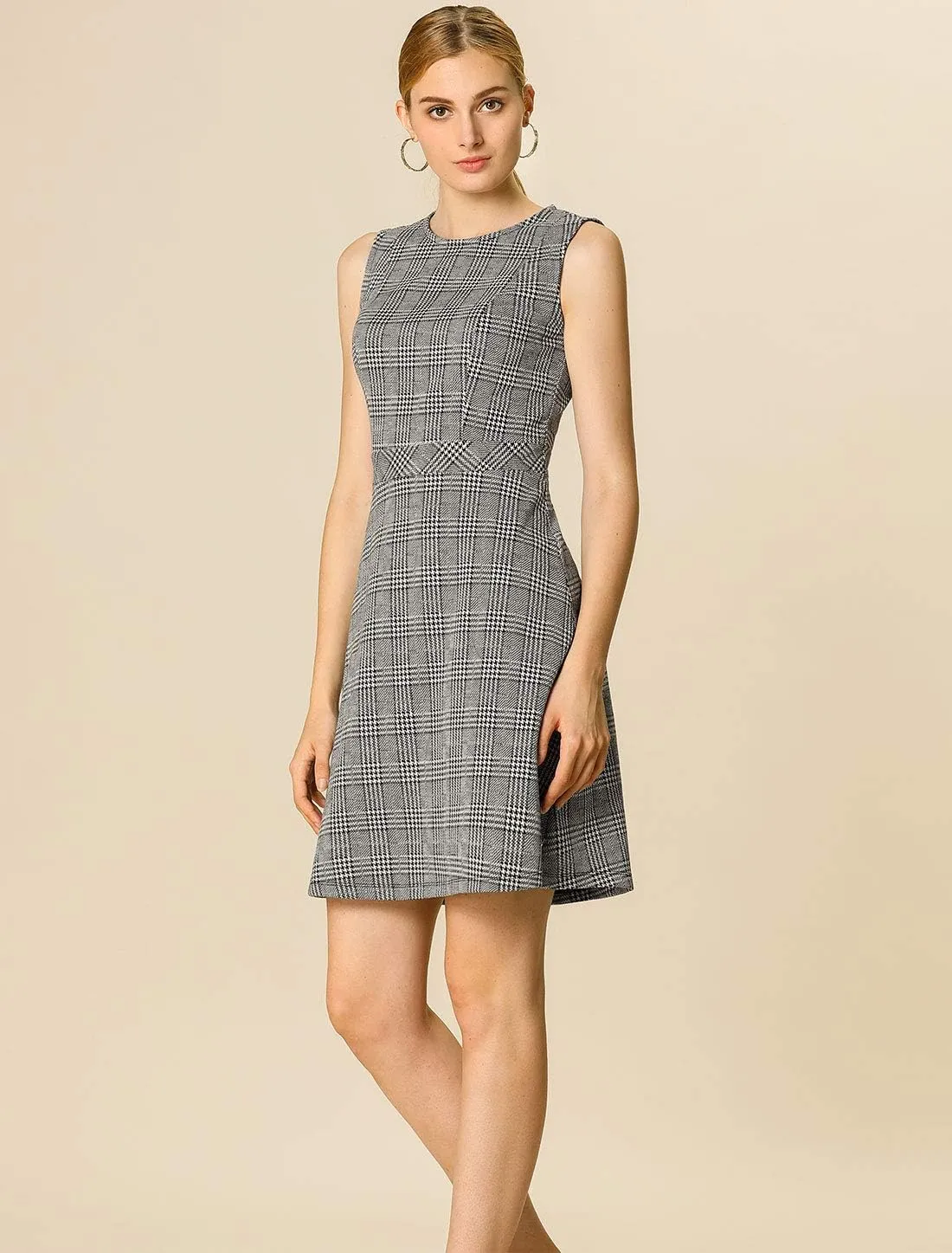 Allegra K Women's Plaid Dress Sleeveless Fit and Flare Houndstooth Work Dresses