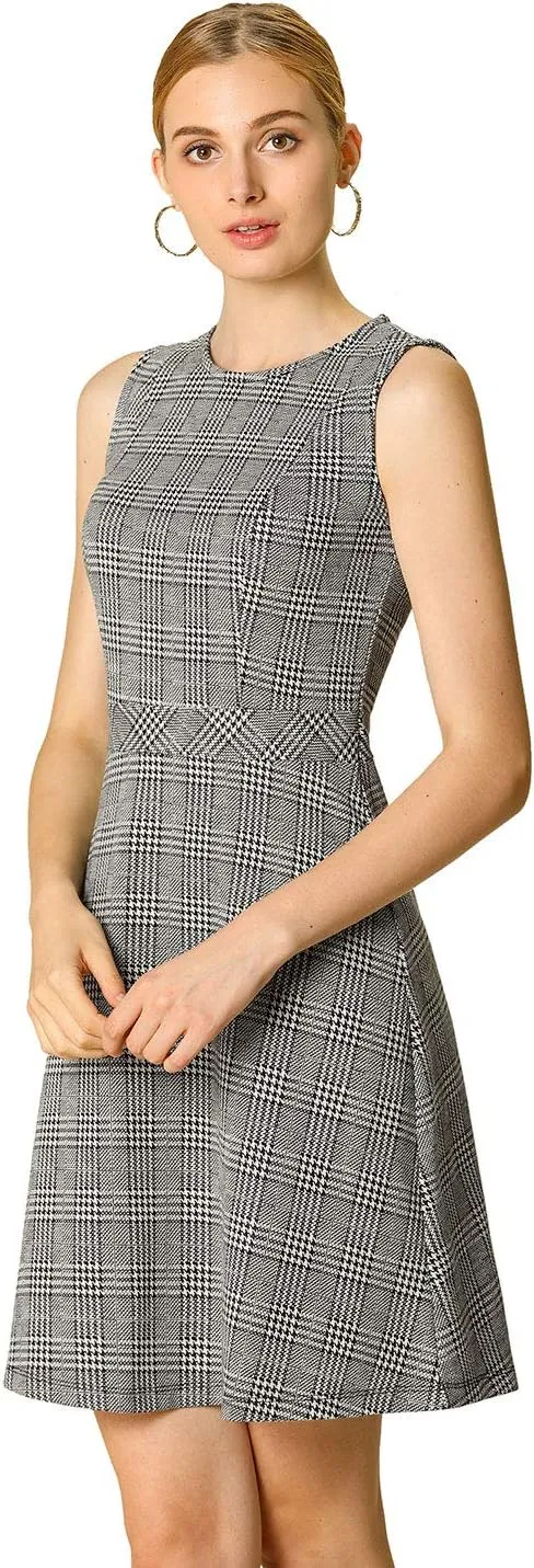 Allegra K Women's Plaid Dress Sleeveless Fit and Flare Houndstooth Work Dresses