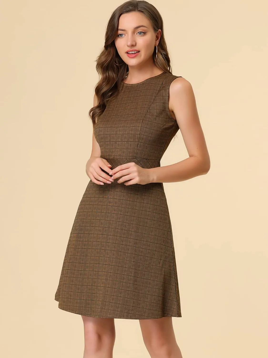 Allegra K Women's Plaid Dress Sleeveless Fit and Flare Houndstooth Work Dresses
