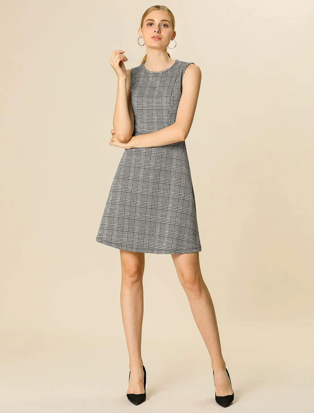 Allegra K Women's Plaid Dress Sleeveless Fit and Flare Houndstooth Work Dresses