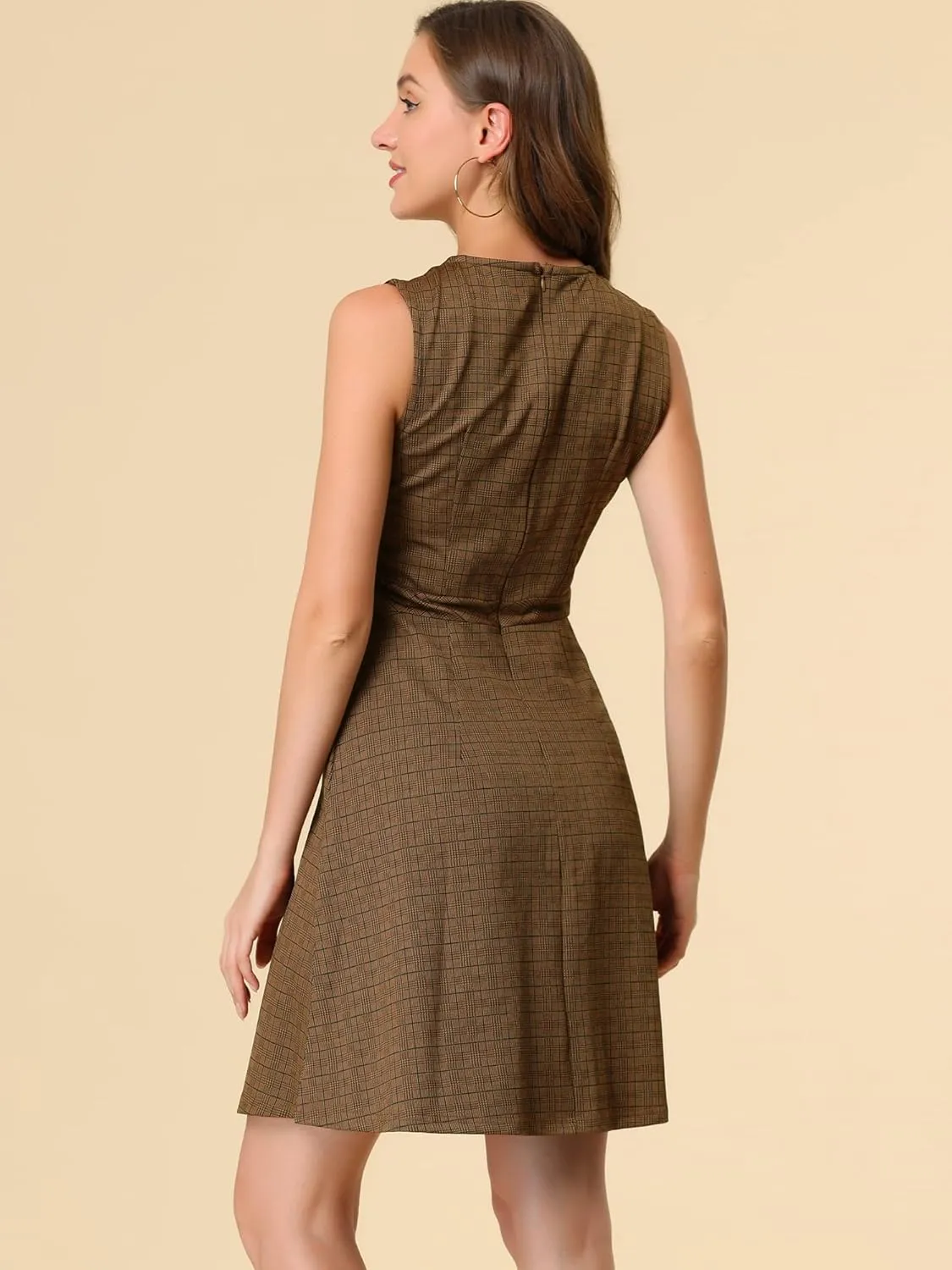 Allegra K Women's Plaid Dress Sleeveless Fit and Flare Houndstooth Work Dresses