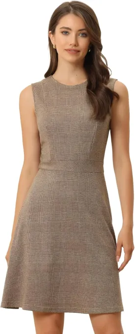 Allegra K Women's Plaid Dress Sleeveless Fit and Flare Houndstooth Work Dresses
