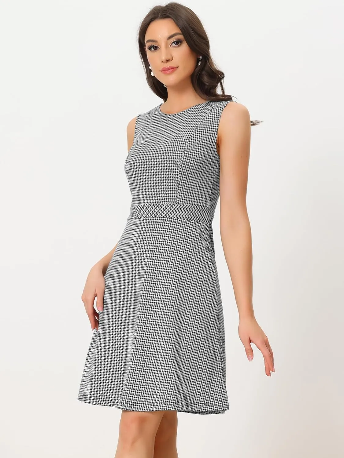 Allegra K Women's Plaid Dress Sleeveless Fit and Flare Houndstooth Work Dresses