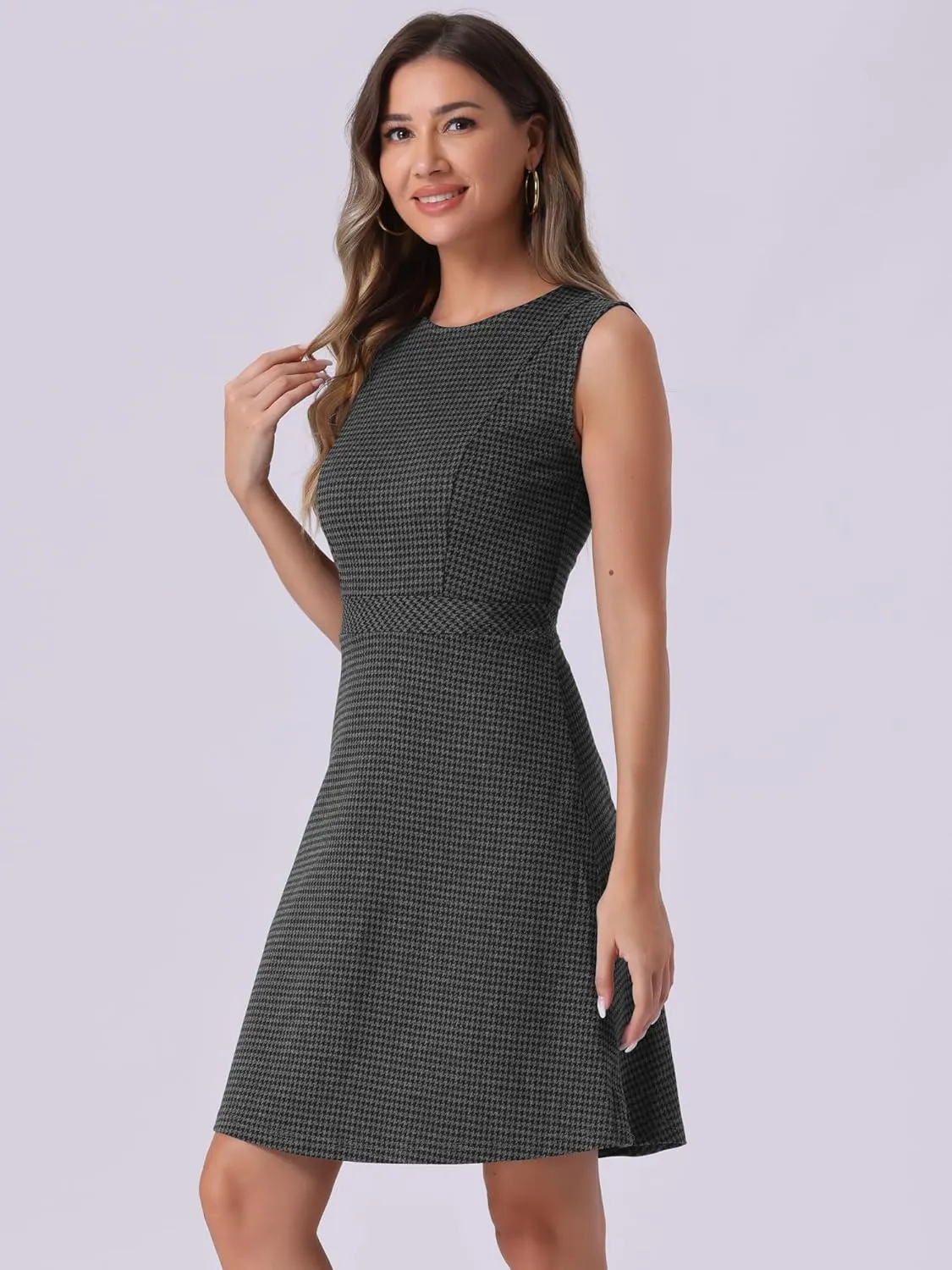 Allegra K Women's Plaid Dress Sleeveless Fit and Flare Houndstooth Work Dresses