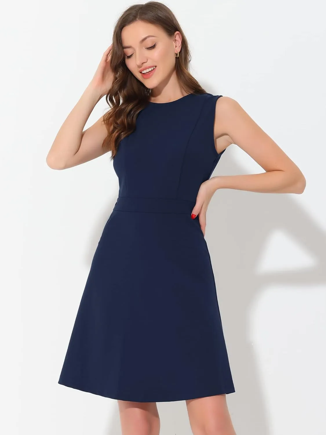 Allegra K Women's Work Dress Round Neck Solid Color Sleeveless A-Line Casual Office Dresses