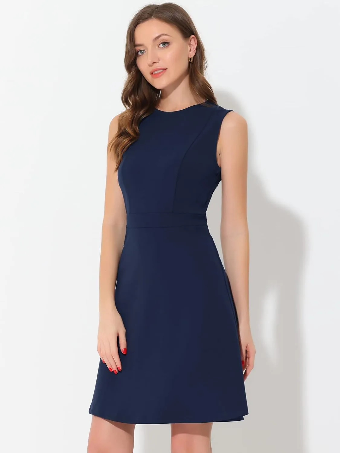 Allegra K Women's Work Dress Round Neck Solid Color Sleeveless A-Line Casual Office Dresses