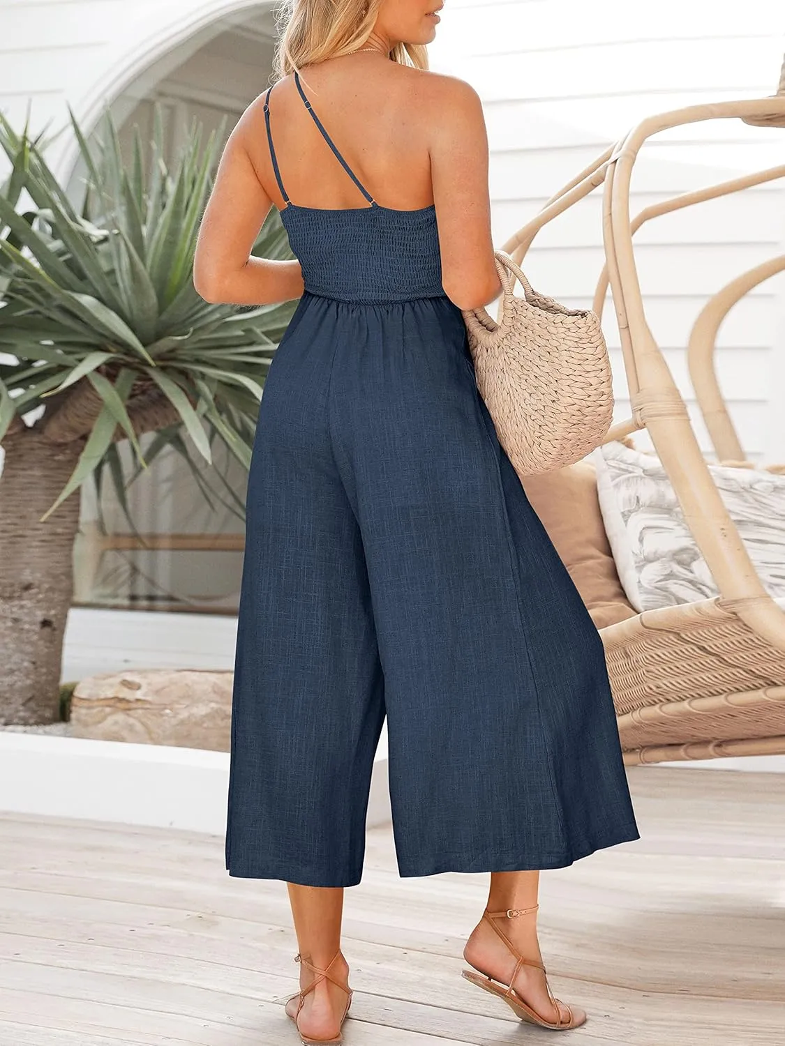 ANRABESS Women's Summer Straps One Shoulder High Waist Dressy Casual Wide Leg Linen Jumpsuit Romper Beach Travel Outfits