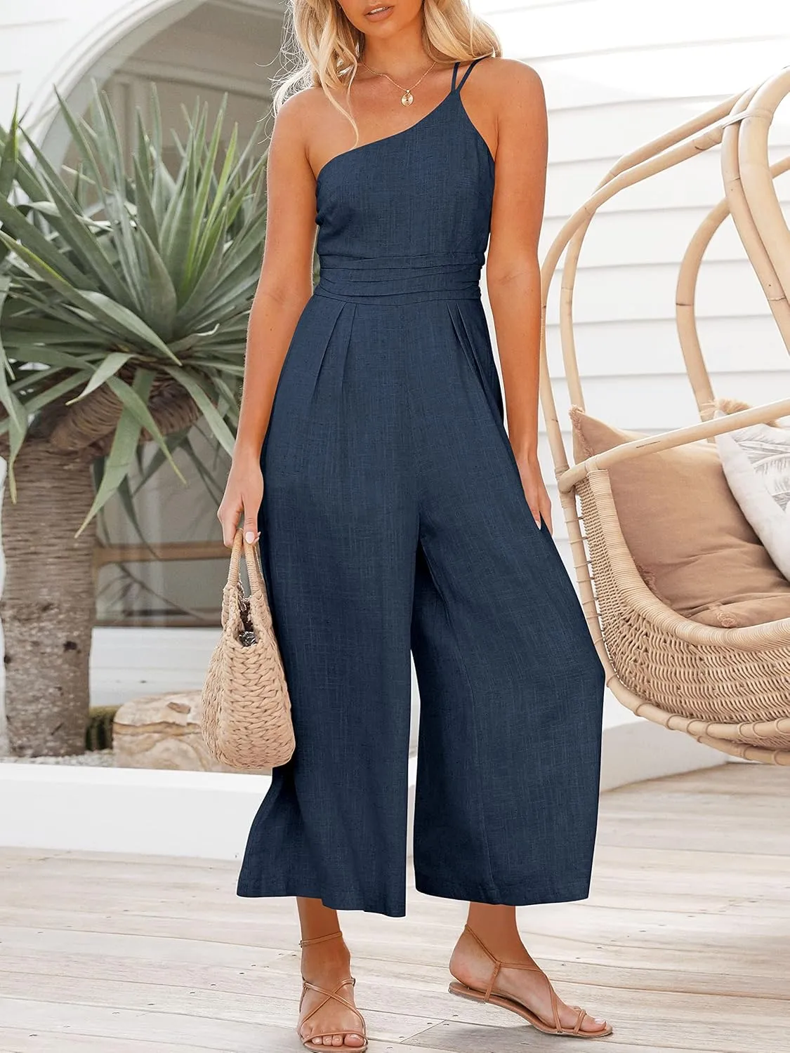 ANRABESS Women's Summer Straps One Shoulder High Waist Dressy Casual Wide Leg Linen Jumpsuit Romper Beach Travel Outfits