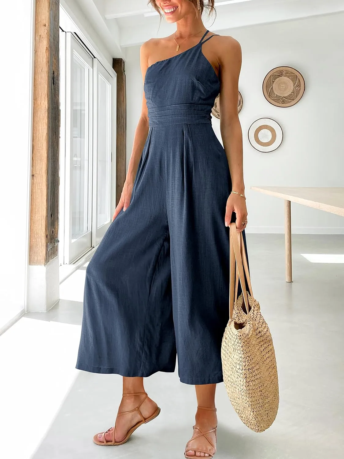 ANRABESS Women's Summer Straps One Shoulder High Waist Dressy Casual Wide Leg Linen Jumpsuit Romper Beach Travel Outfits