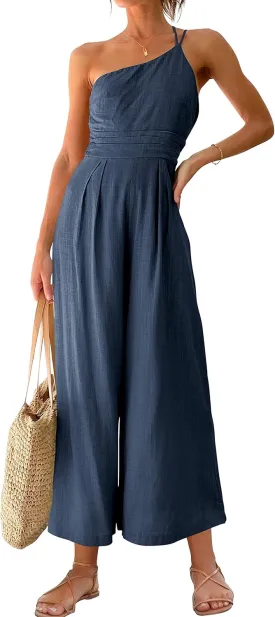ANRABESS Women's Summer Straps One Shoulder High Waist Dressy Casual Wide Leg Linen Jumpsuit Romper Beach Travel Outfits