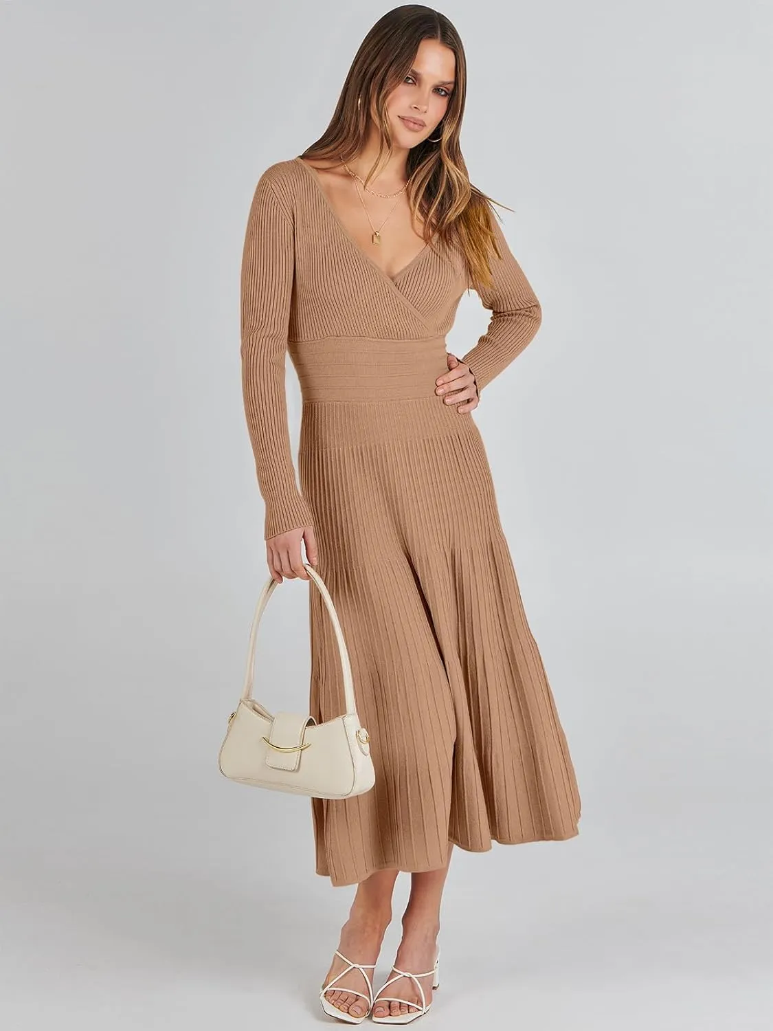 ANRABESS Womens Wrap Midi Sweater Dresses Long Sleeve V Neck Bodycon High Waist Ribbed Knit Pleated A-Line Dress 2024 Trendy