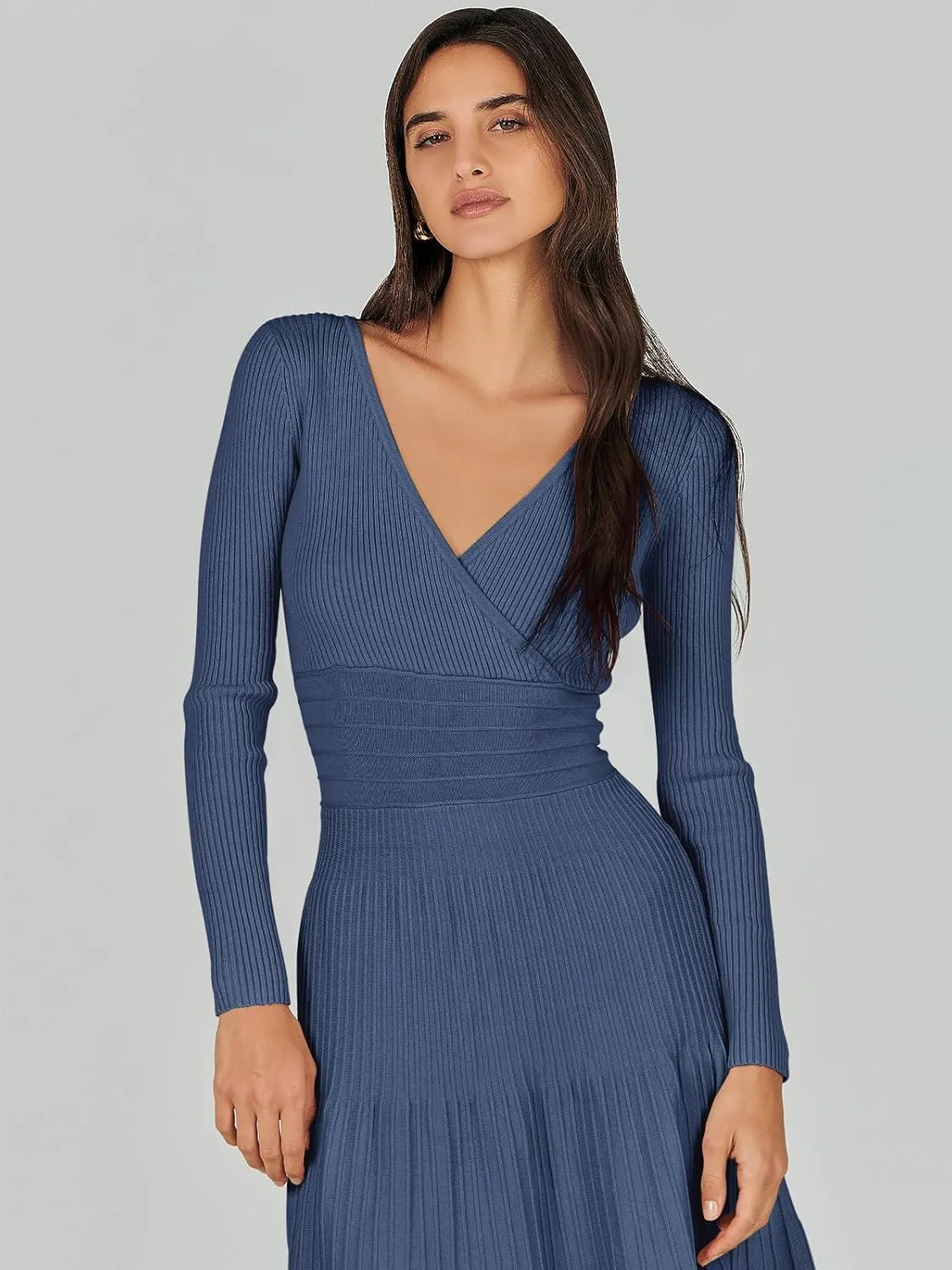 ANRABESS Womens Wrap Midi Sweater Dresses Long Sleeve V Neck Bodycon High Waist Ribbed Knit Pleated A-Line Dress 2024 Trendy
