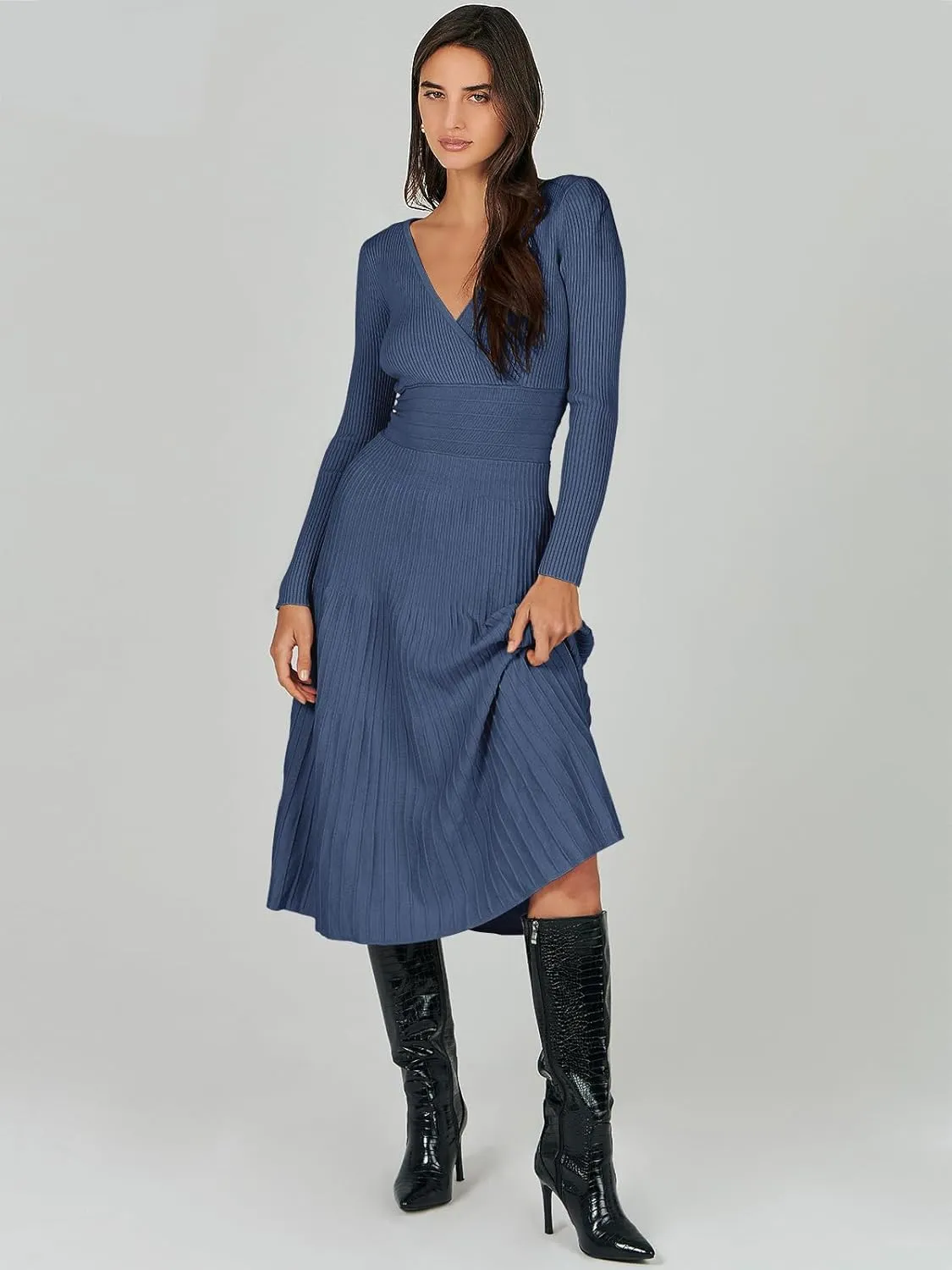 ANRABESS Womens Wrap Midi Sweater Dresses Long Sleeve V Neck Bodycon High Waist Ribbed Knit Pleated A-Line Dress 2024 Trendy
